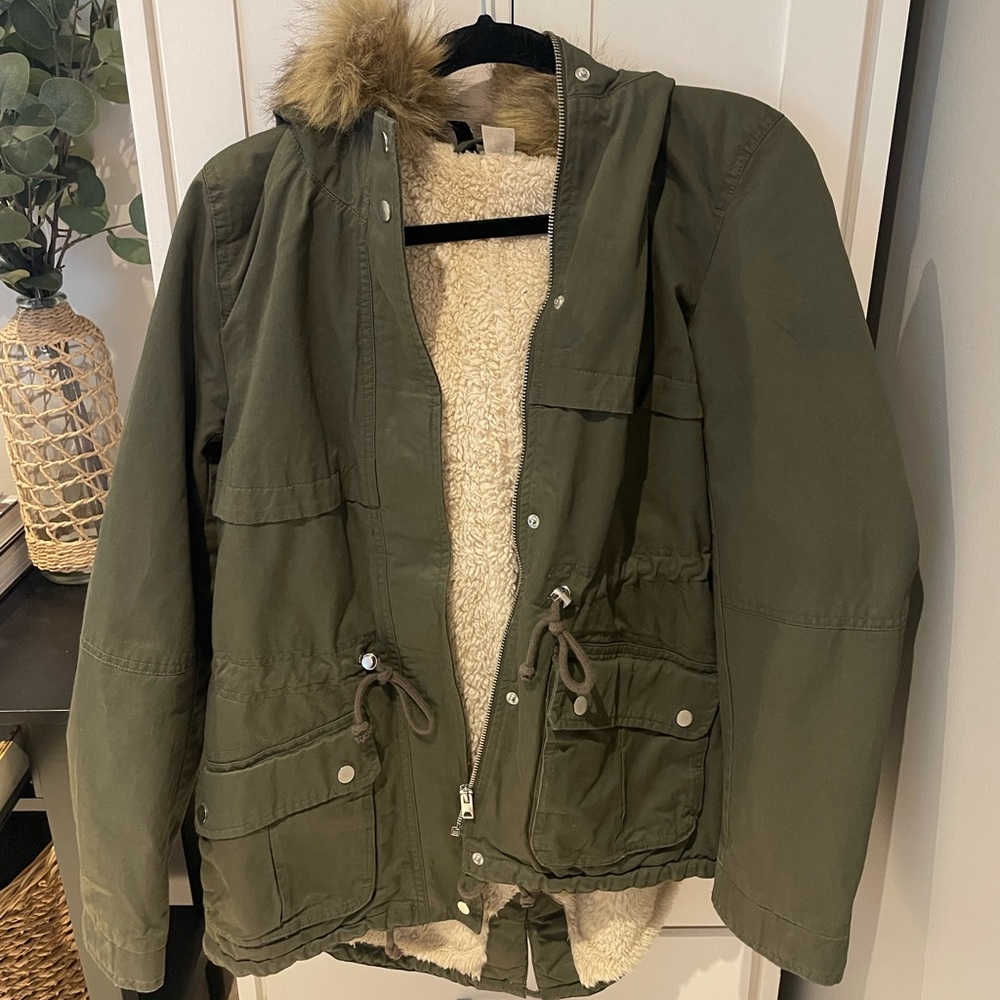 H&M Green Jacket with Faux Fur hoodie